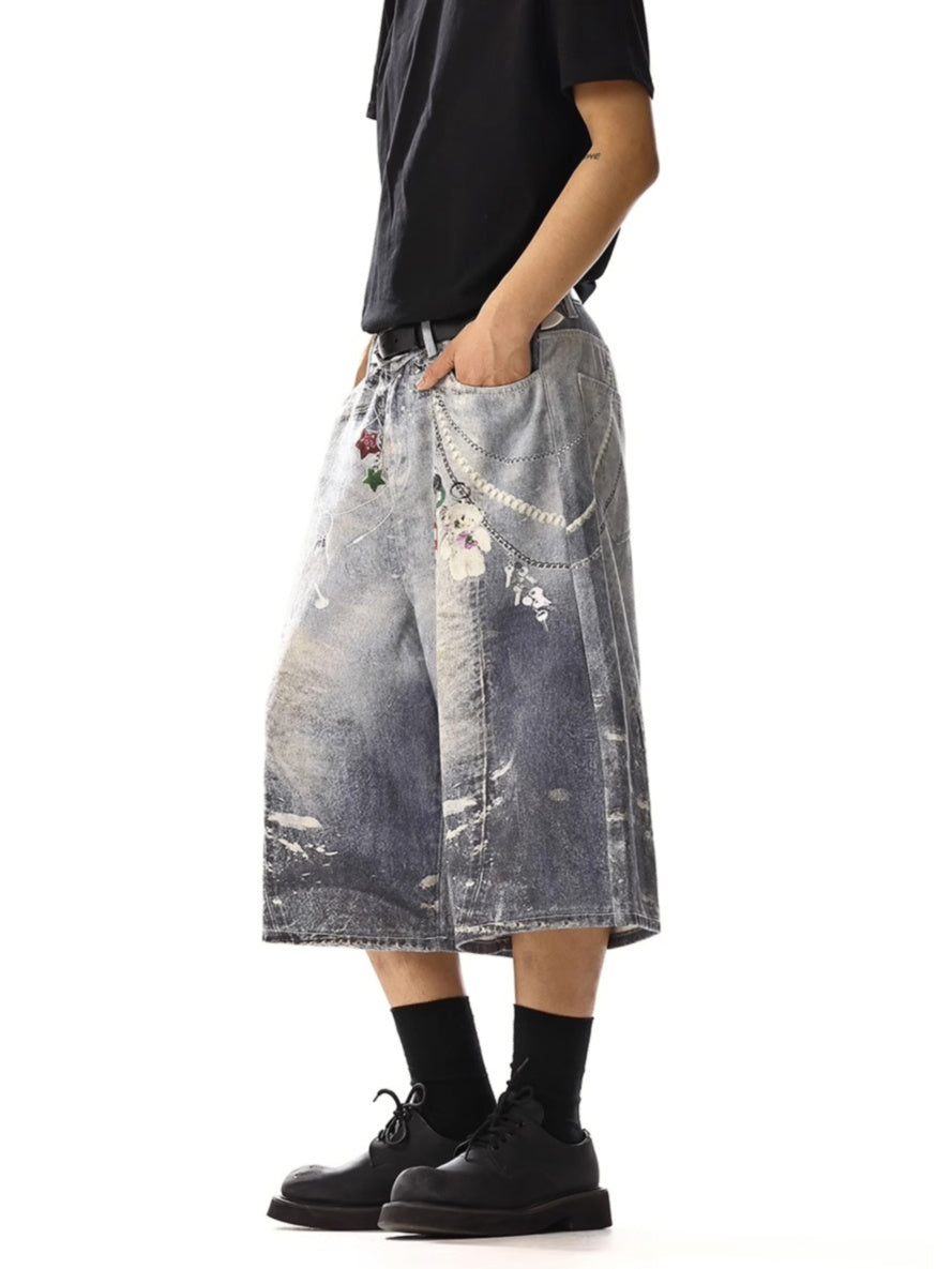 Chain Printimg Washed Jorts