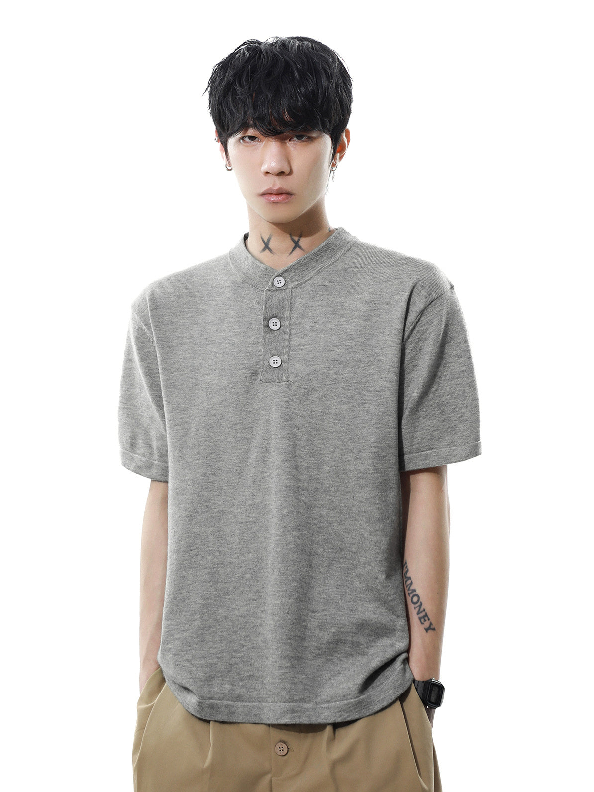 Henleyneck Half Sleeve T-shirt (2color)