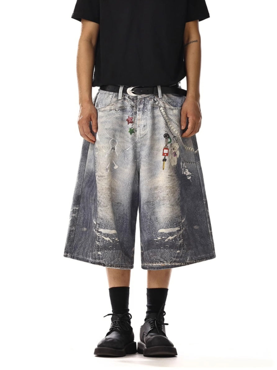 Chain Printimg Washed Jorts