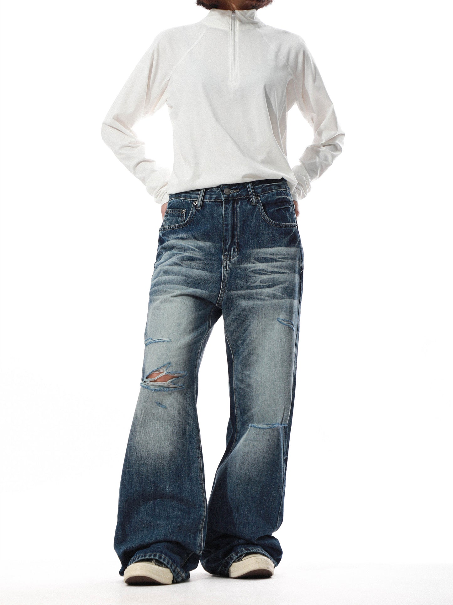 Vintage Washed Distressed Wide Denim
