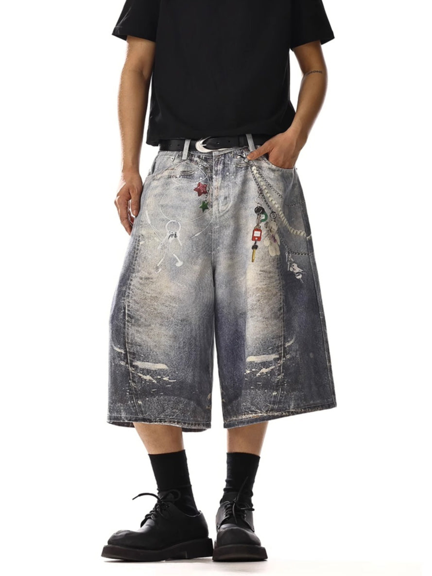 Chain Printimg Washed Jorts