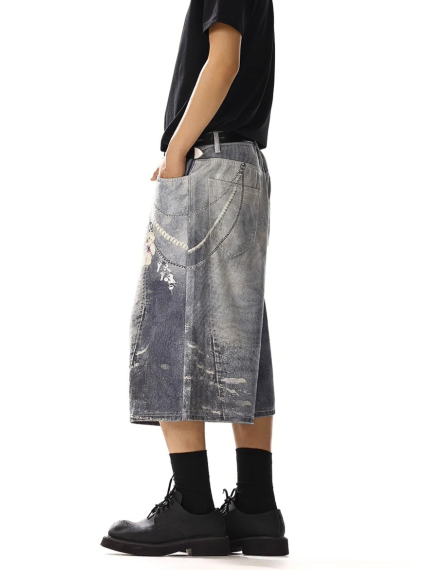 Chain Printimg Washed Jorts