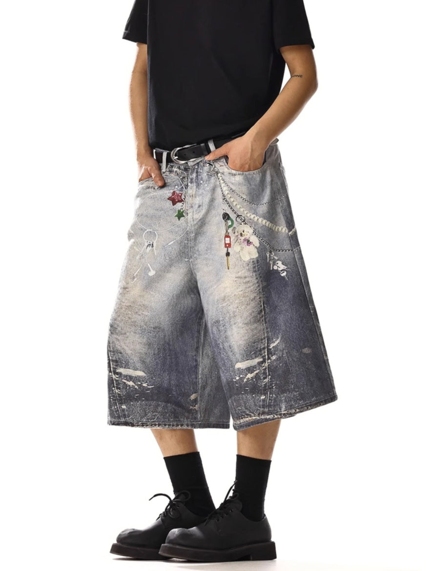 Chain Printimg Washed Jorts