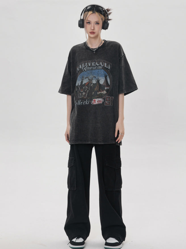 Retro Washed Moto T-shirt (3color)