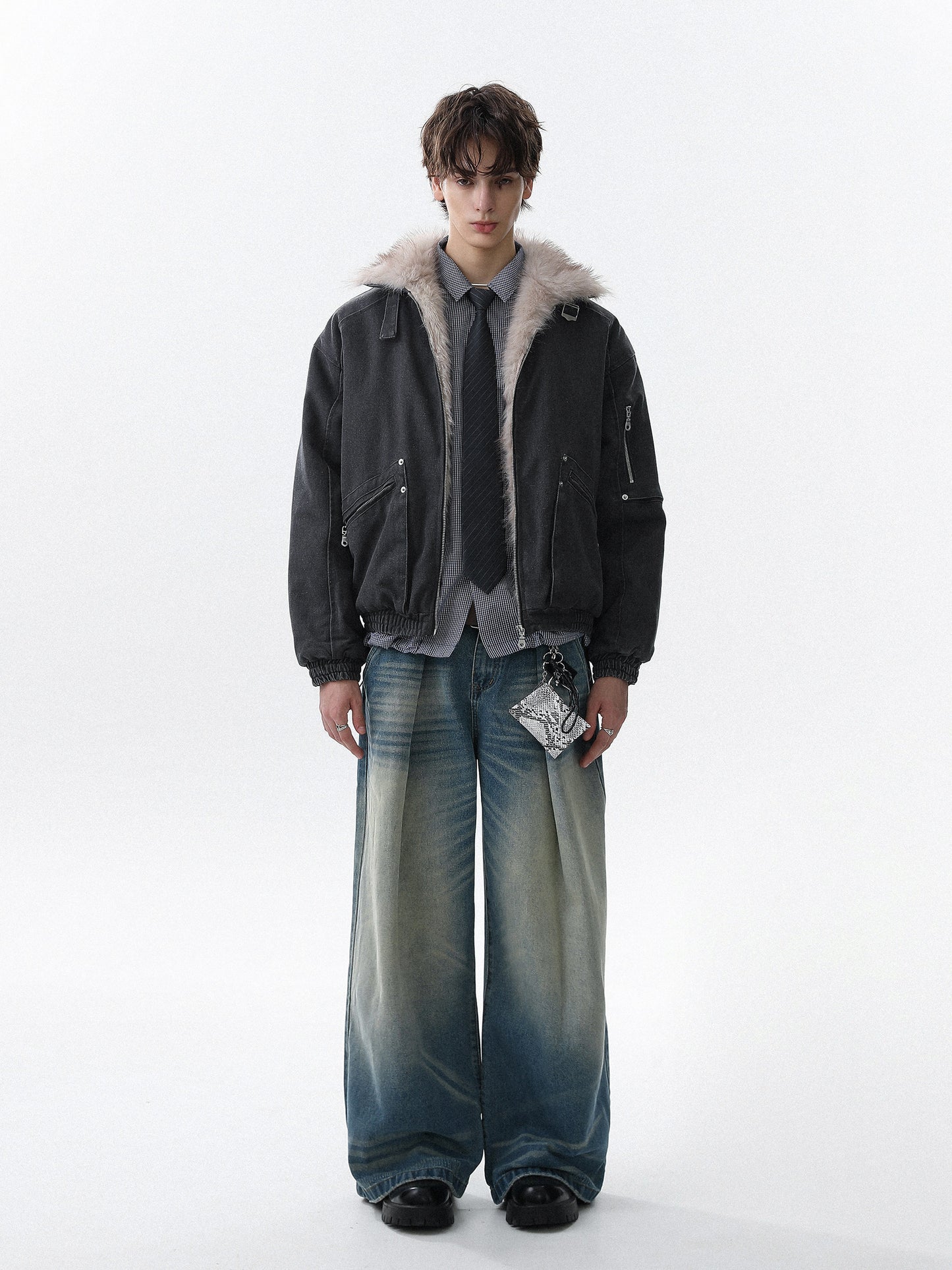 Military Bomber Jacket with Faux Fur Collar (2color)