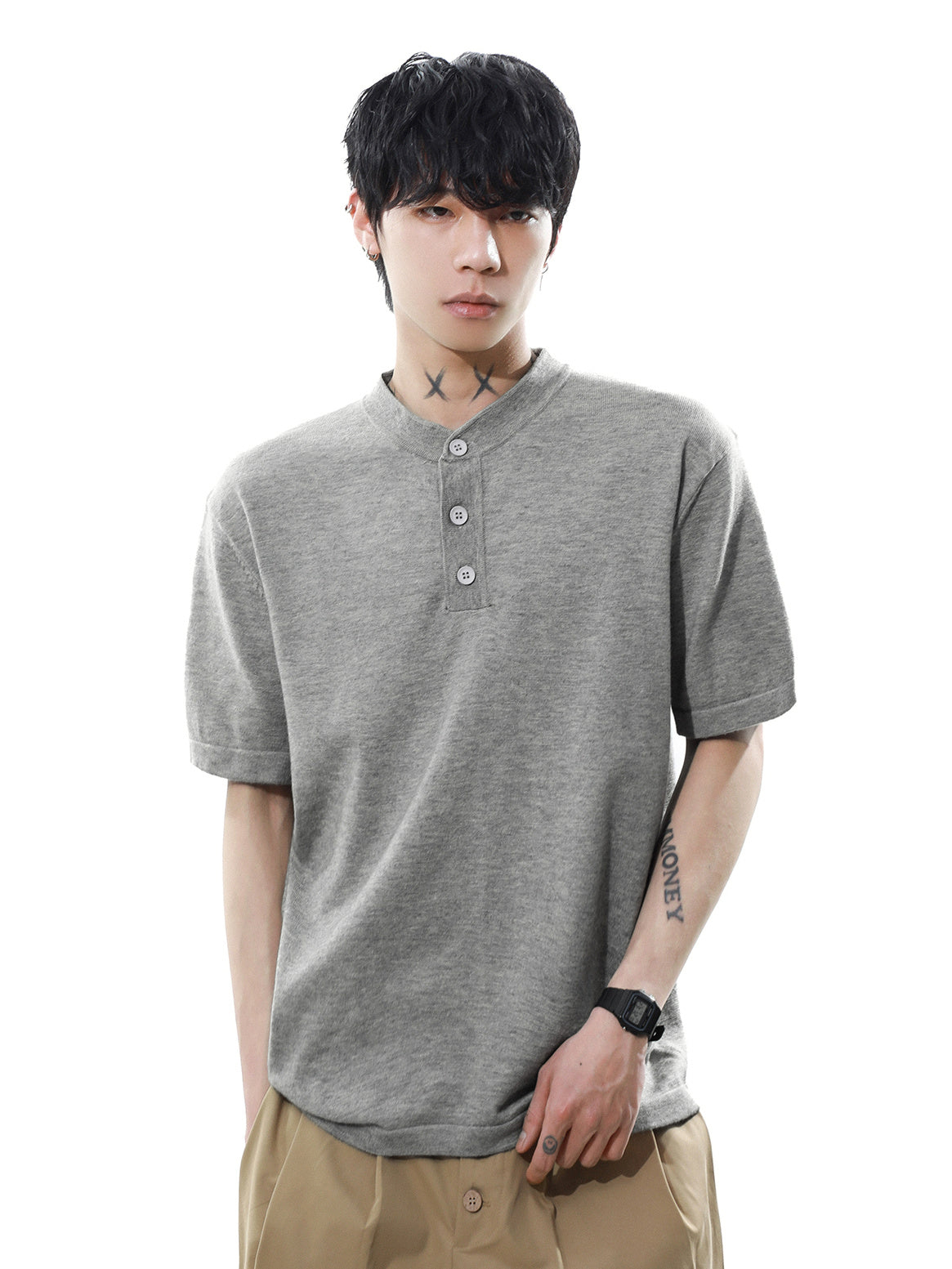Henleyneck Half Sleeve T-shirt (2color)