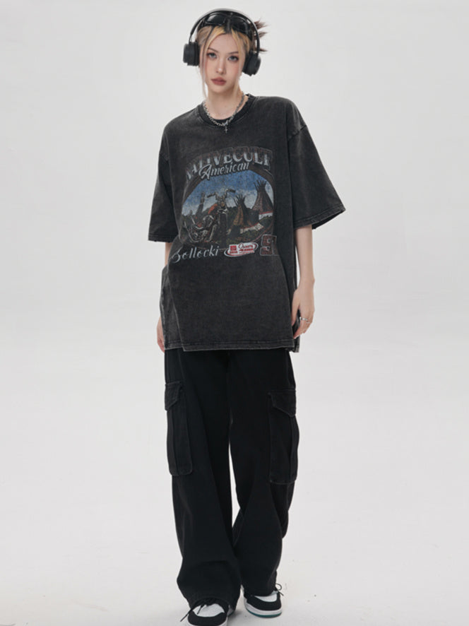 Retro Washed Moto T-shirt (3color)