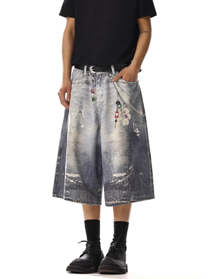 Chain Printimg Washed Jorts