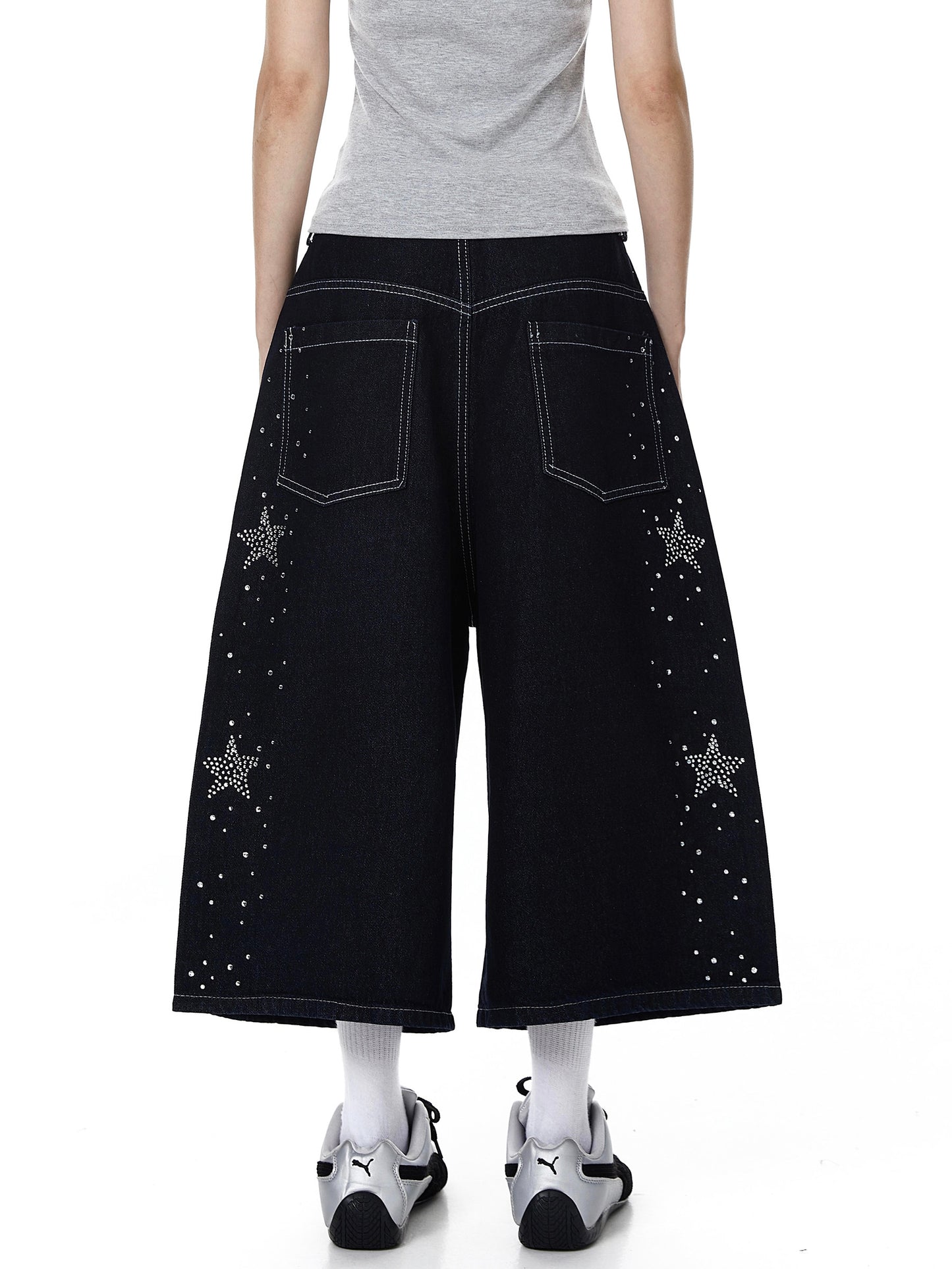 Rhinestone Star Wide Denim Shorts (2color)