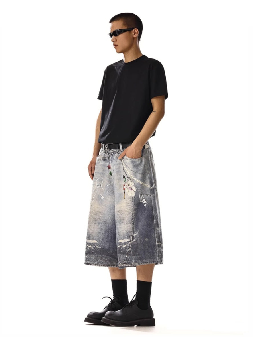 Chain Printimg Washed Jorts