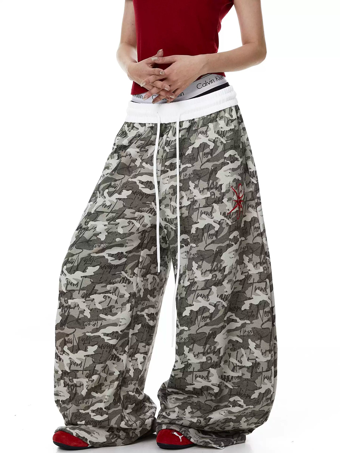 Layered Waist Embroidered Camo Sweat Pants