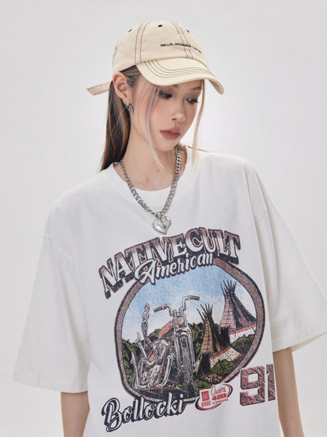 Retro Washed Moto T-shirt (3color)