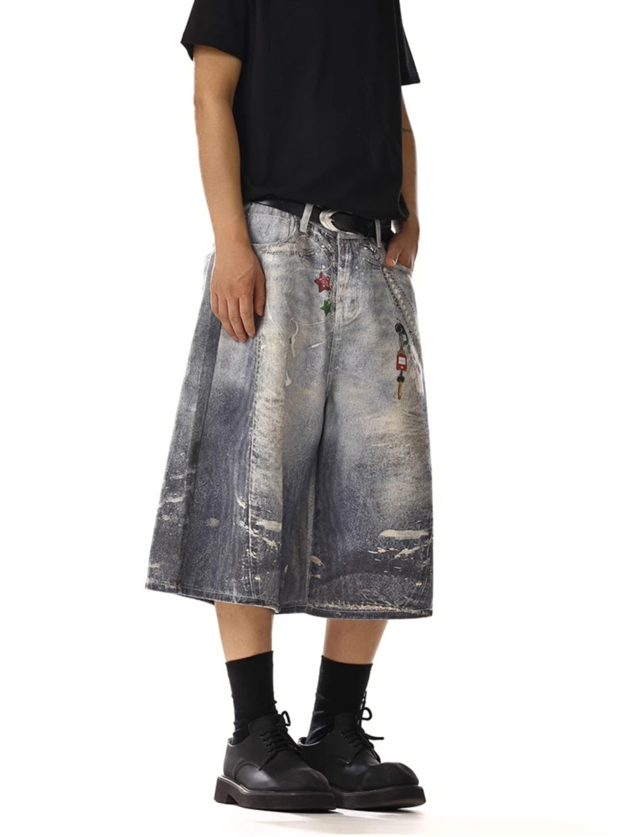 Chain Printimg Washed Jorts