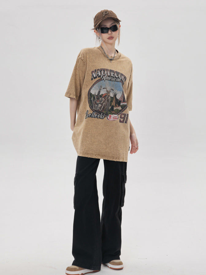 Retro Washed Moto T-shirt (3color)