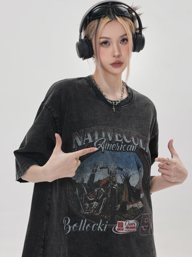 Retro Washed Moto T-shirt (3color)