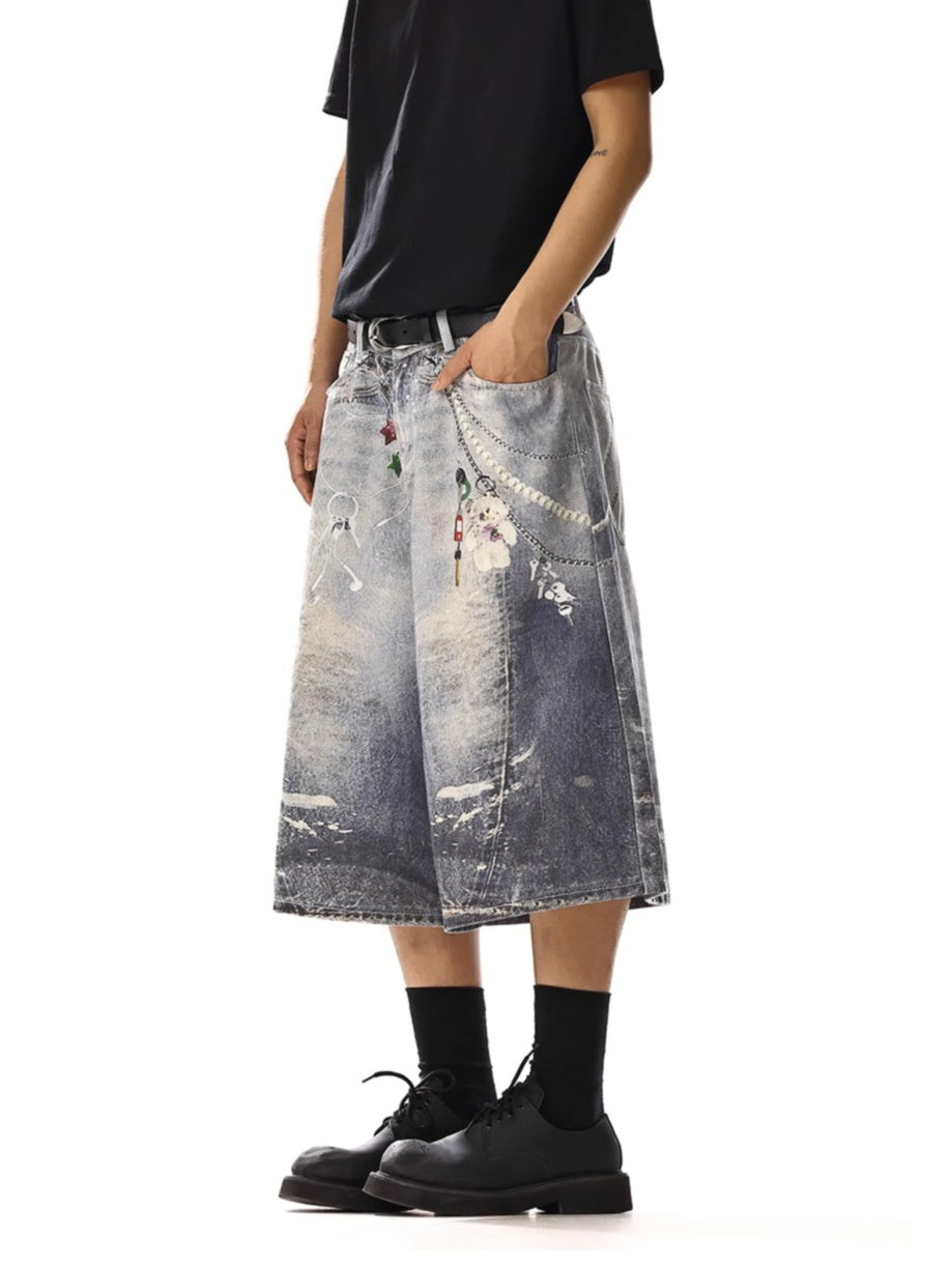 Chain Printimg Washed Jorts