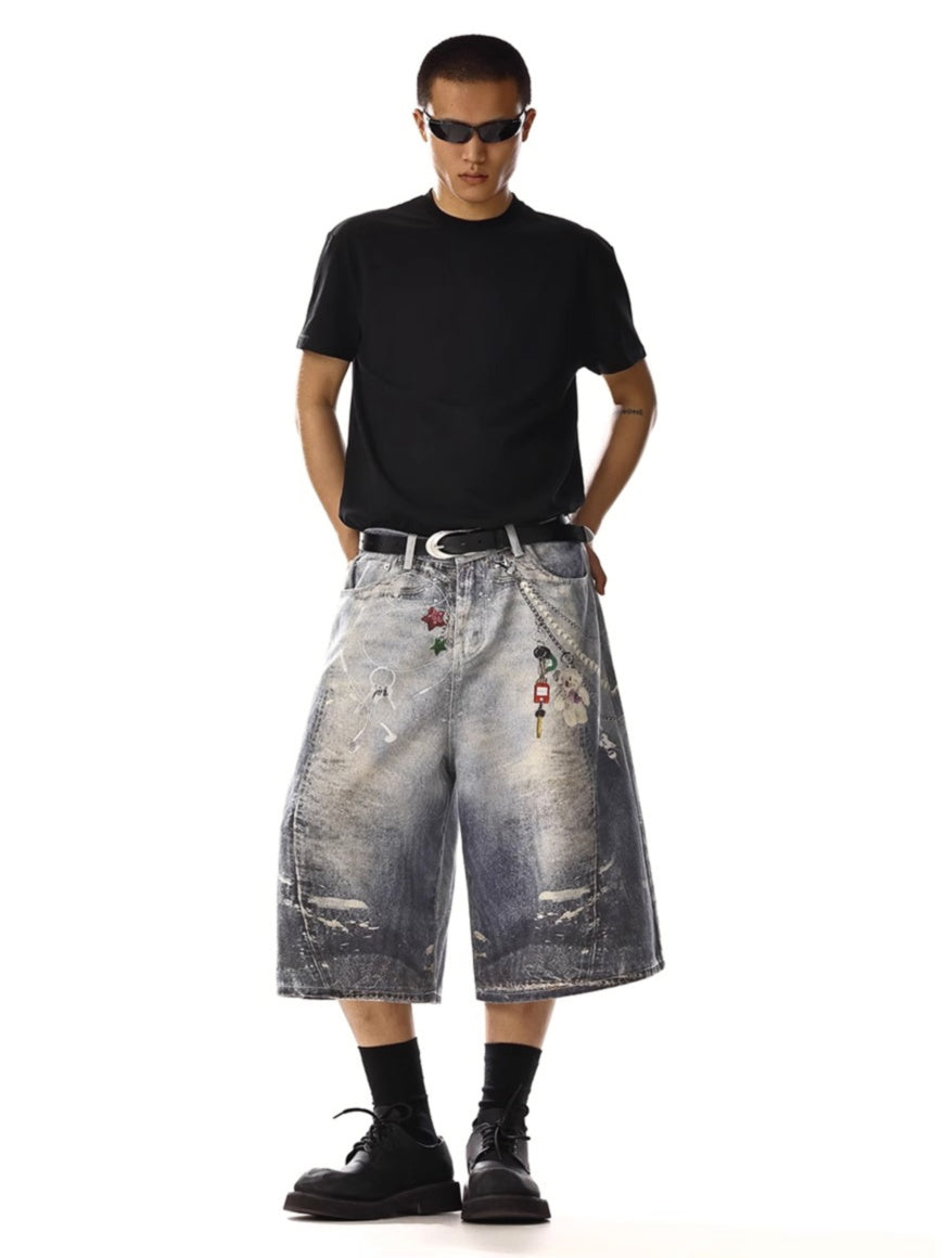 Chain Printimg Washed Jorts