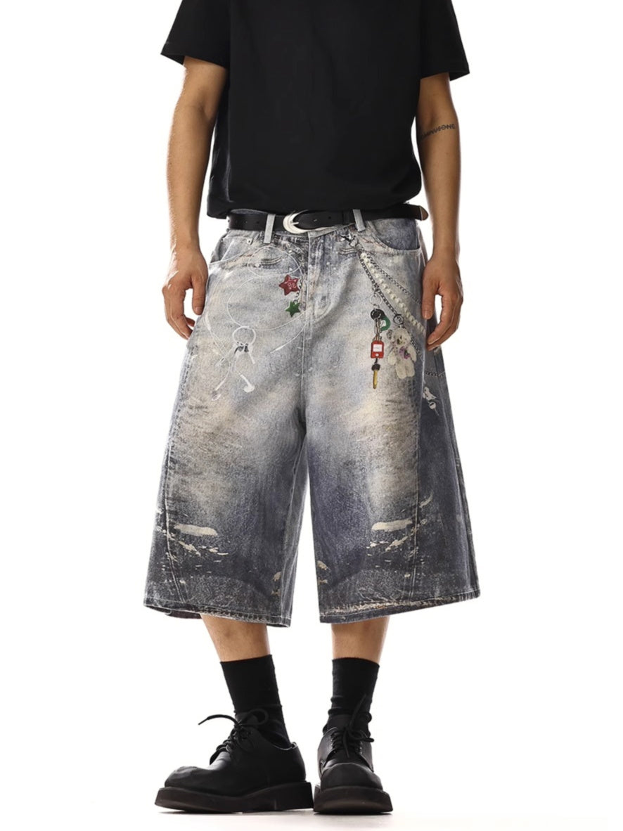 Chain Printimg Washed Jorts