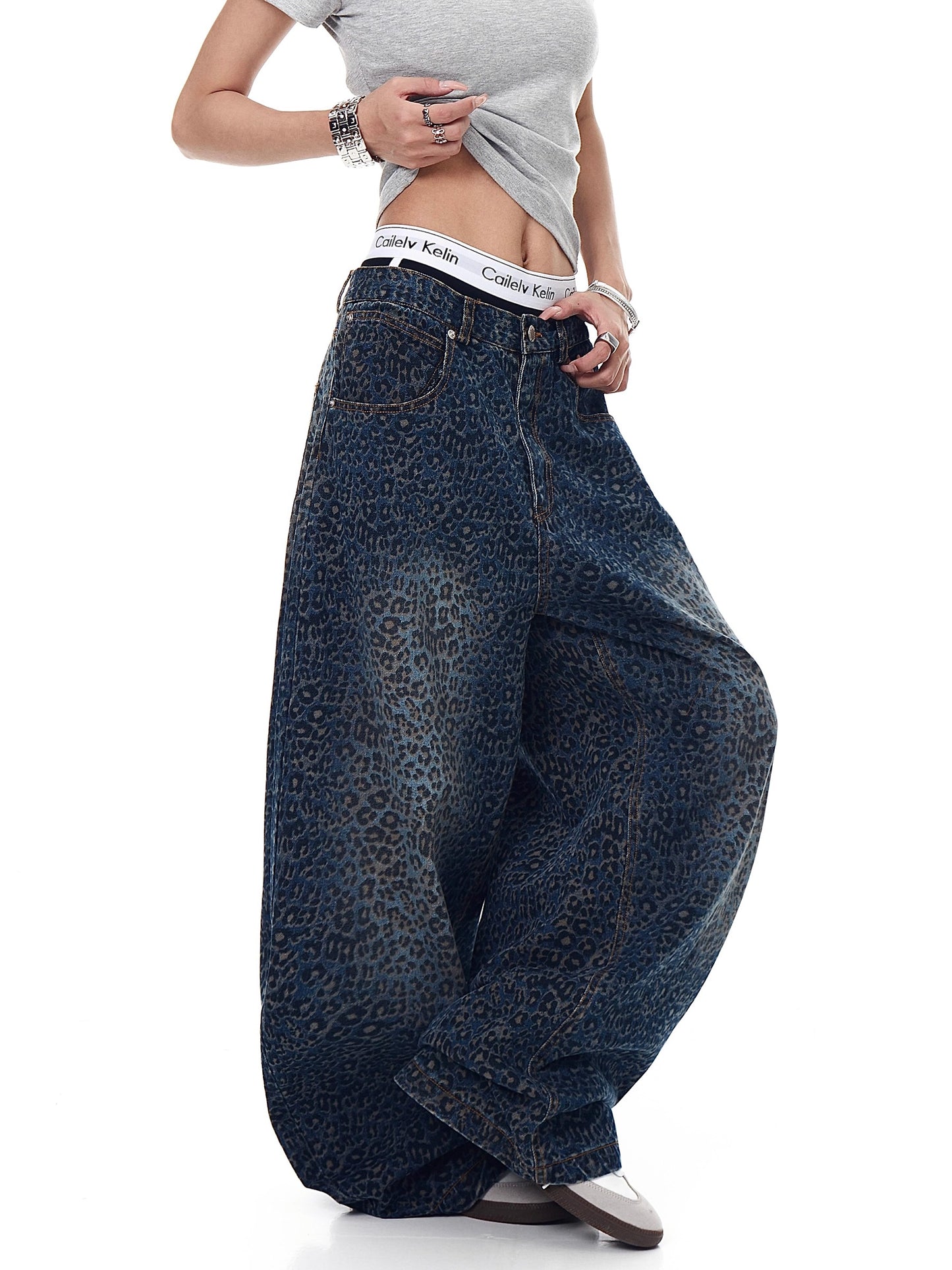 Washed Leopard Baggy Denim (2color)