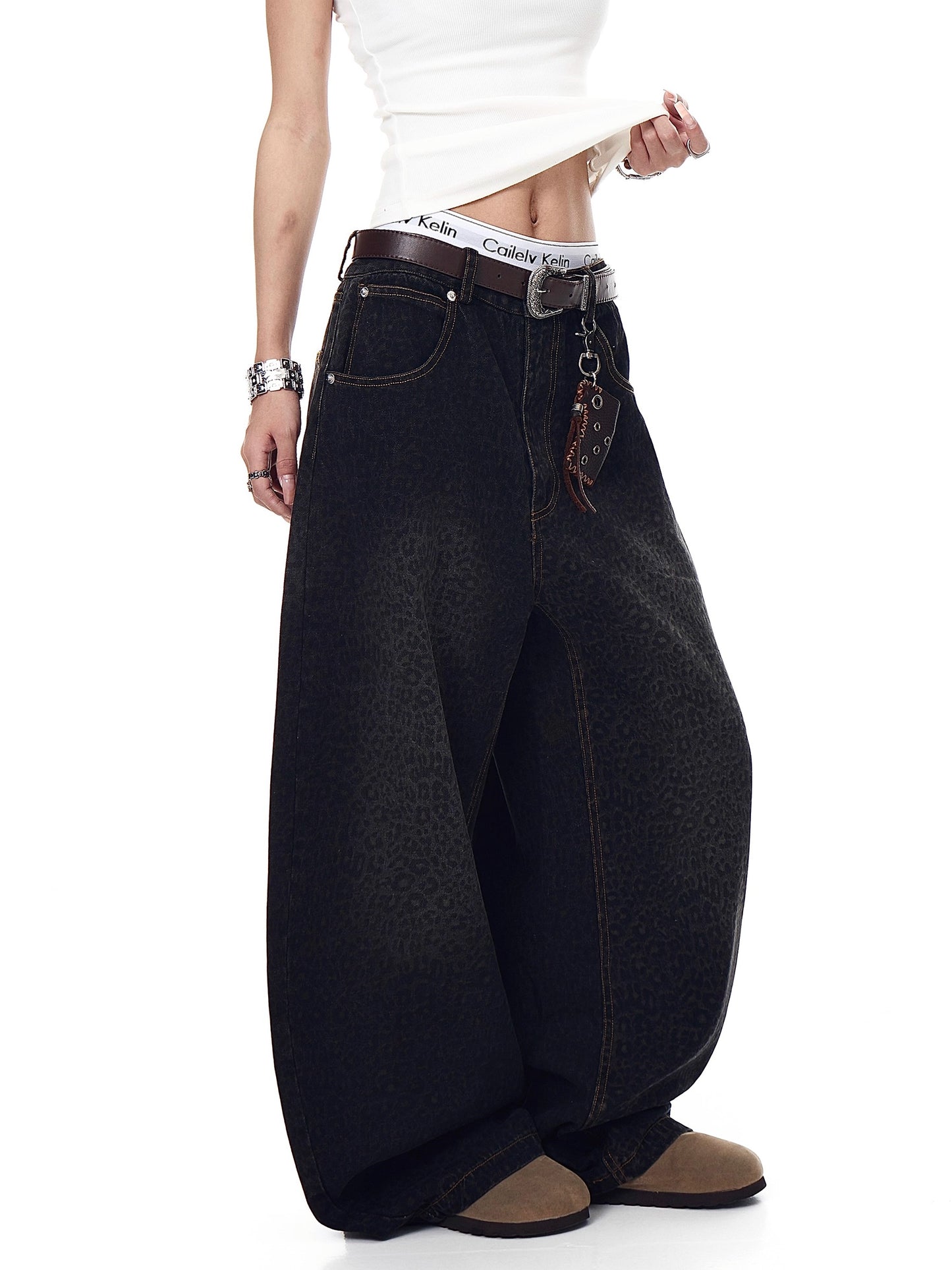 Washed Leopard Baggy Denim (2color)