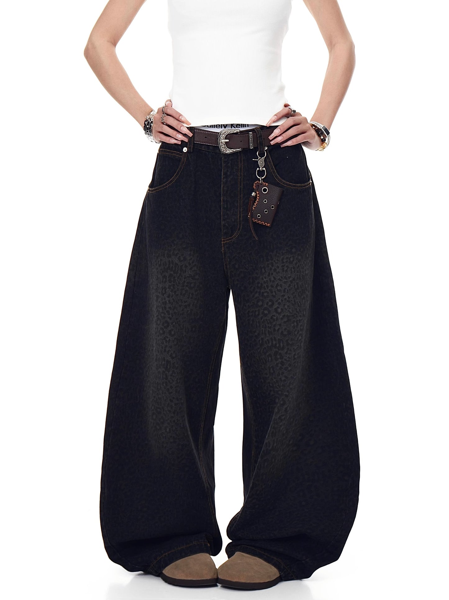 Washed Leopard Baggy Denim (2color)