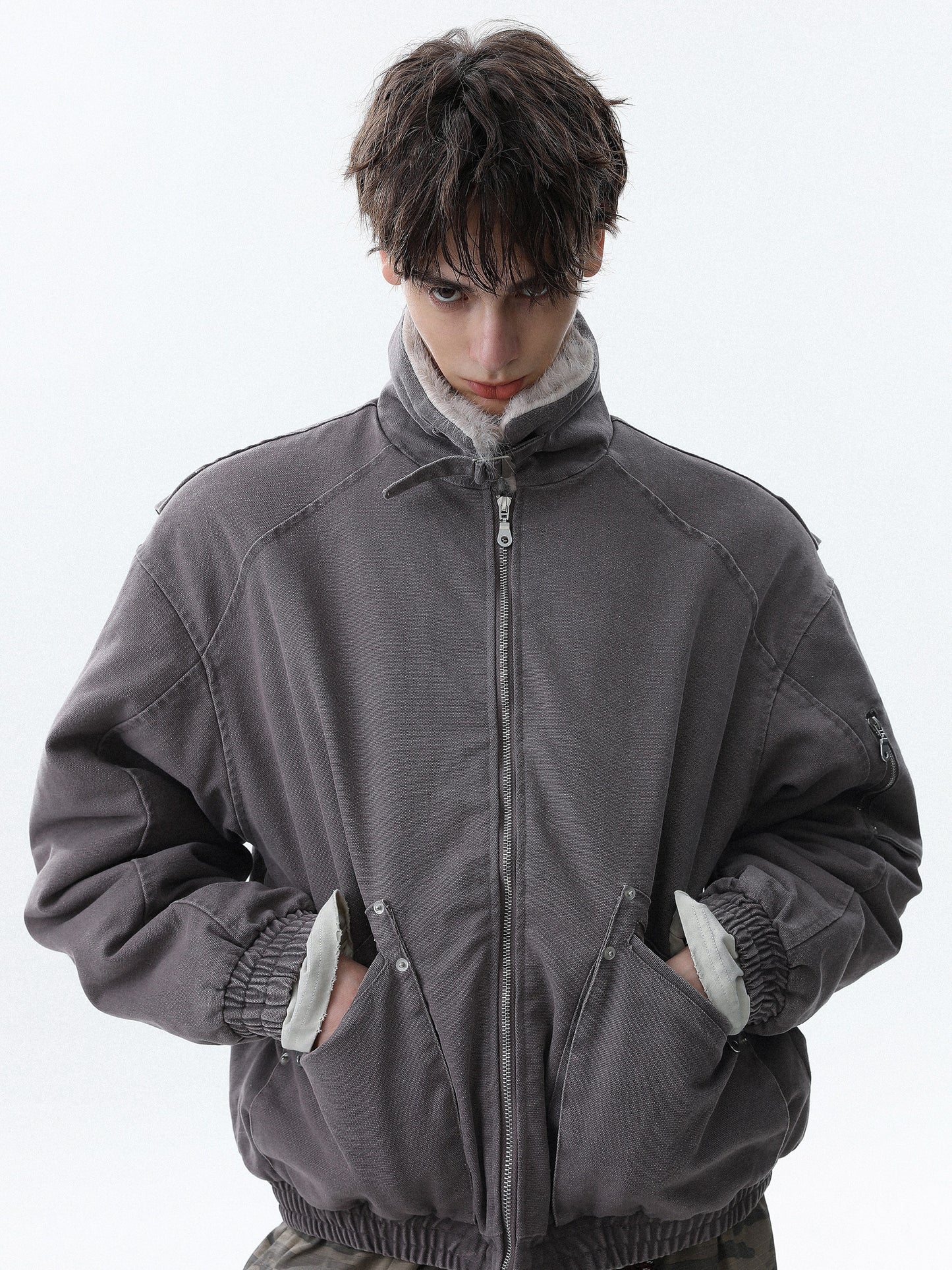 Military Bomber Jacket with Faux Fur Collar (2color)