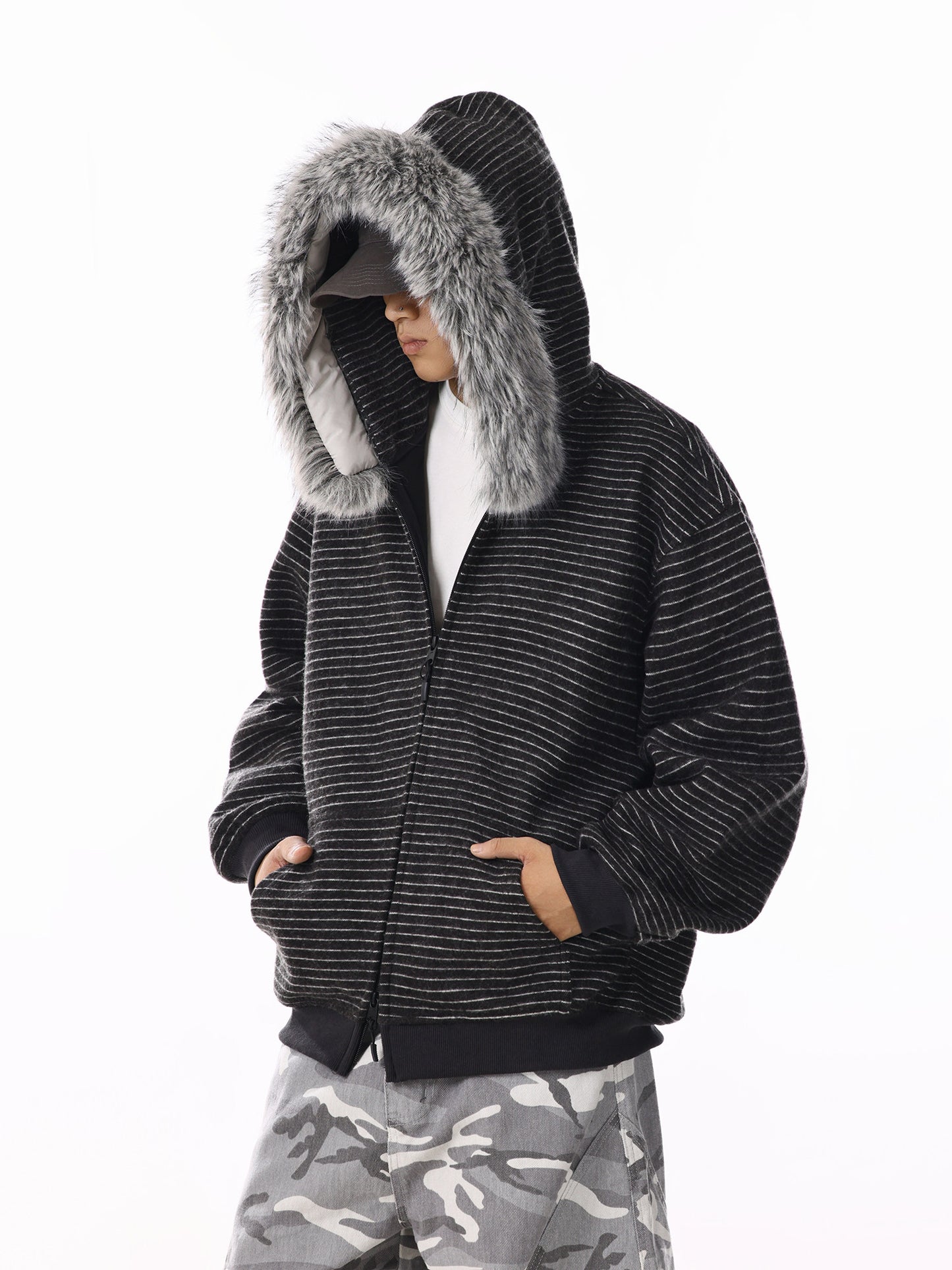 Striped Fur Hood Hoodie