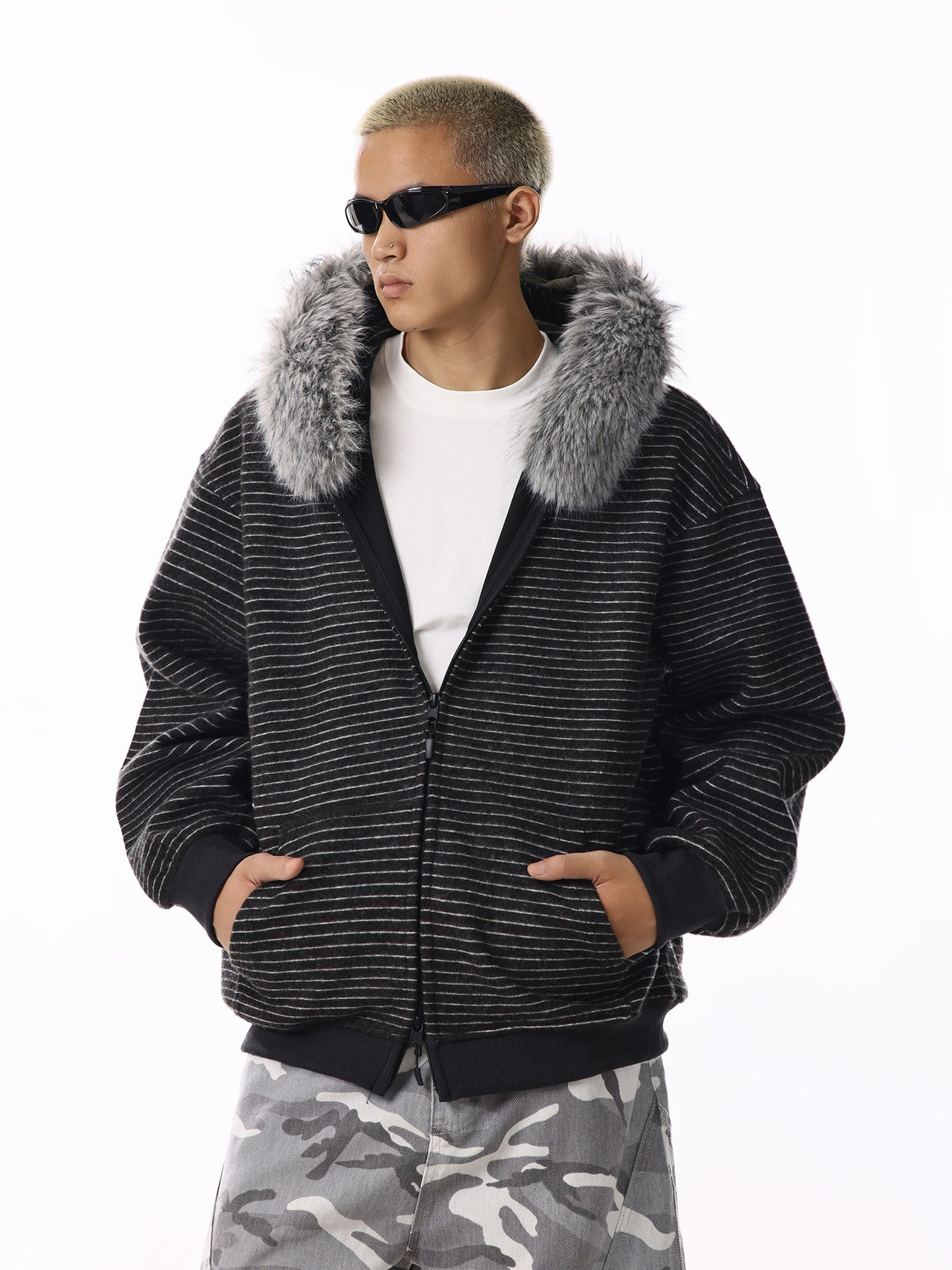 Striped Fur Hood Hoodie