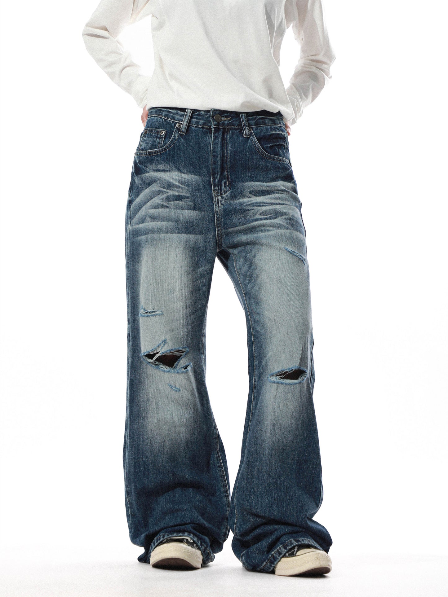 Vintage Washed Distressed Wide Denim