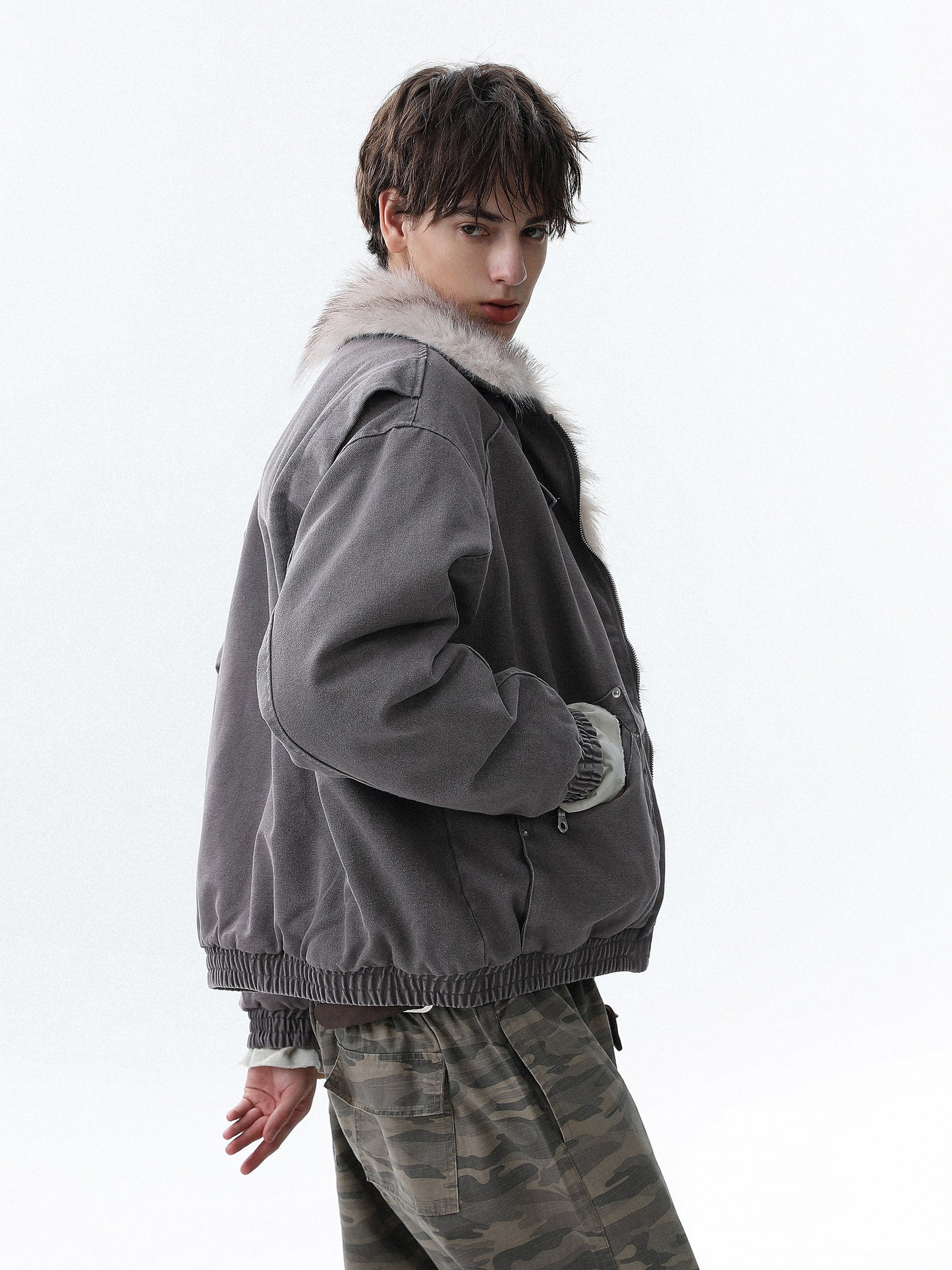 Military Bomber Jacket with Faux Fur Collar (2color)