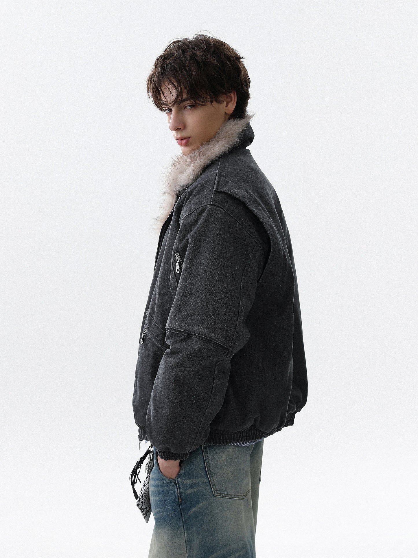 Military Bomber Jacket with Faux Fur Collar (2color)