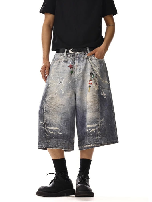 Chain Printimg Washed Jorts