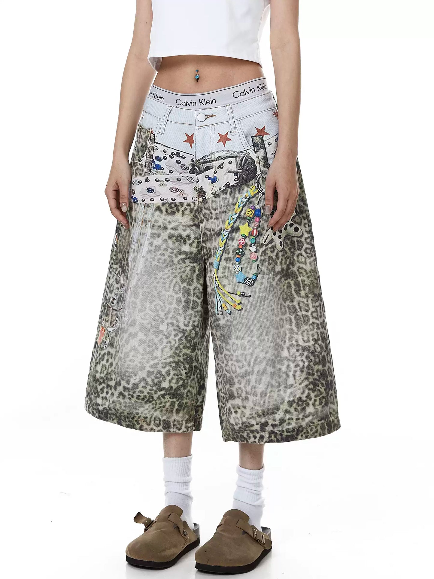 Leopard Graphic Wide Denim Shorts
