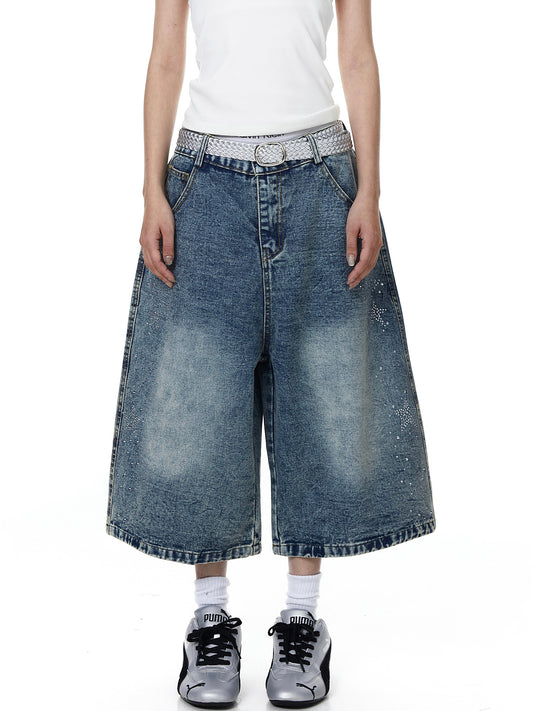 Rhinestone Star Wide Denim Shorts (2color)