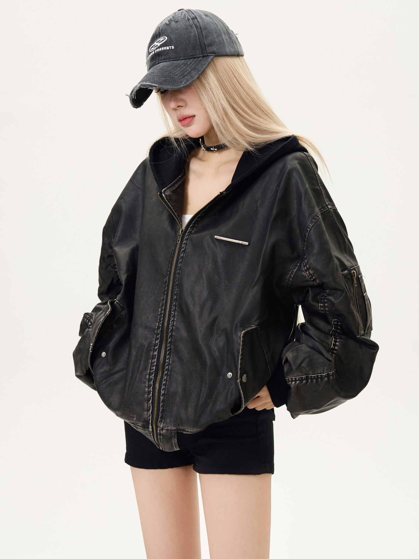 Leather Hooded Bomber Jacket