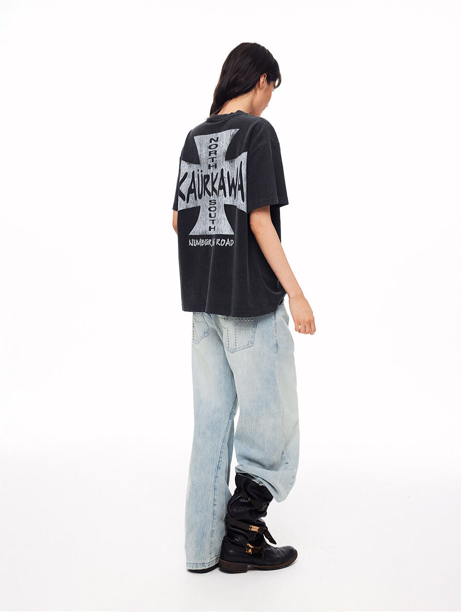 Vintage Cross-Studs Wide Leg Jeans