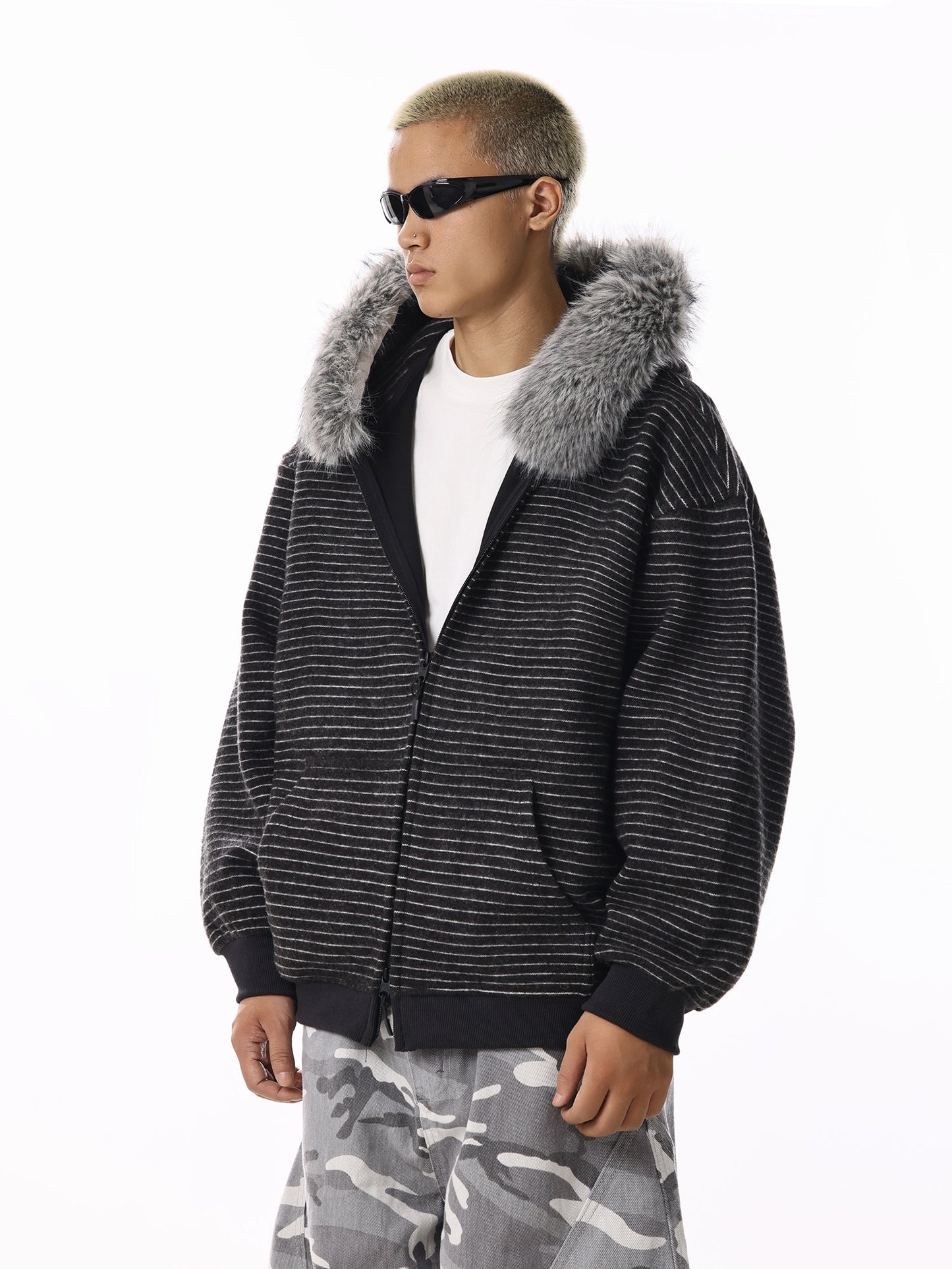 Striped Fur Hood Hoodie