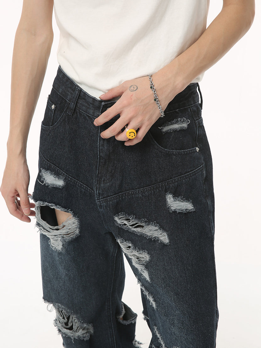 DESTROYED BLACK WIDE DENIM