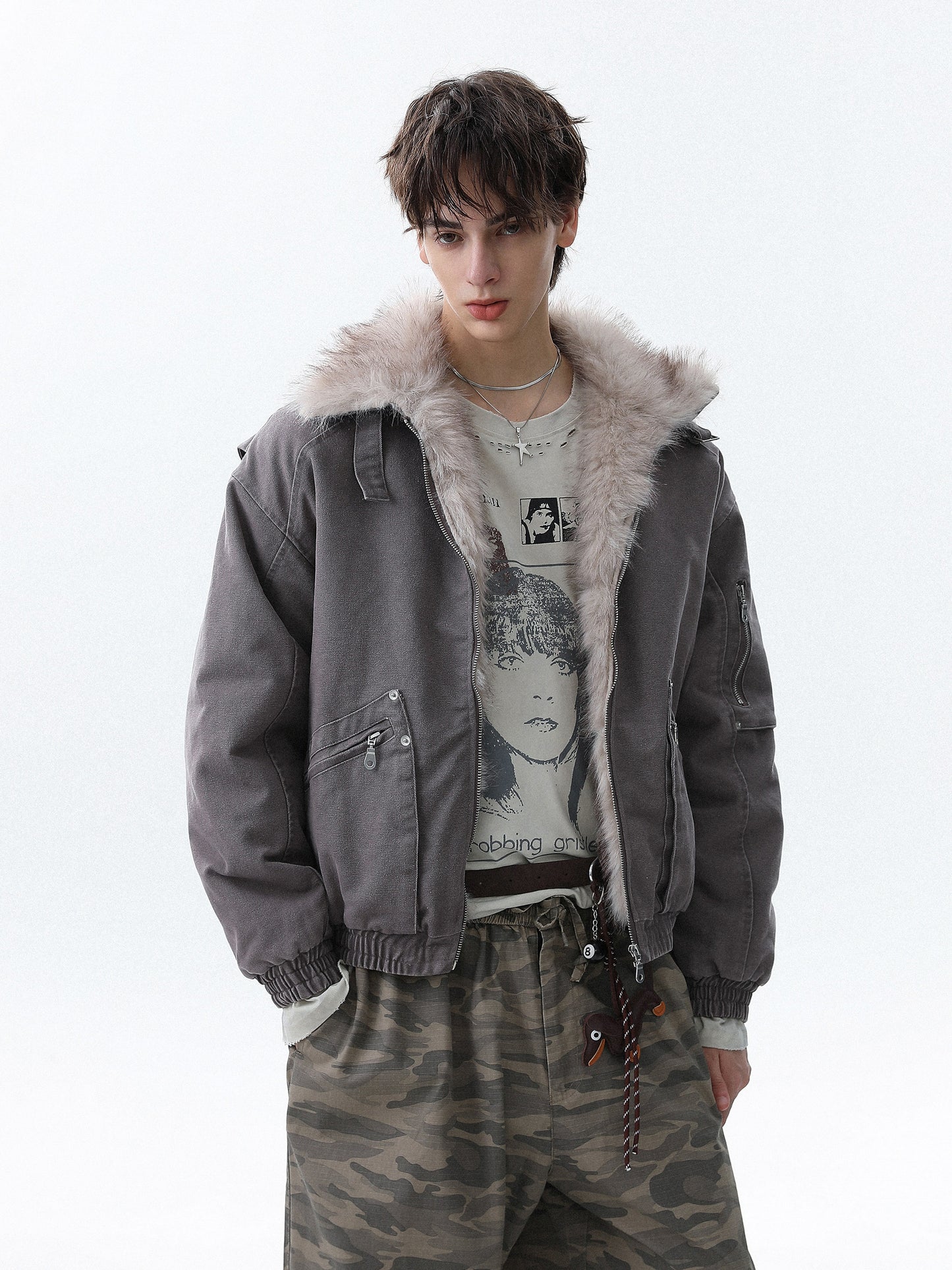 Military Bomber Jacket with Faux Fur Collar (2color)