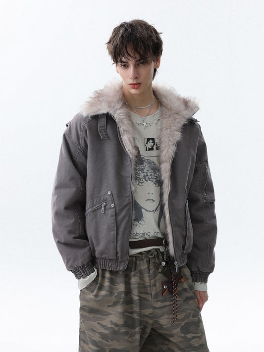 Military Bomber Jacket with Faux Fur Collar (2color)