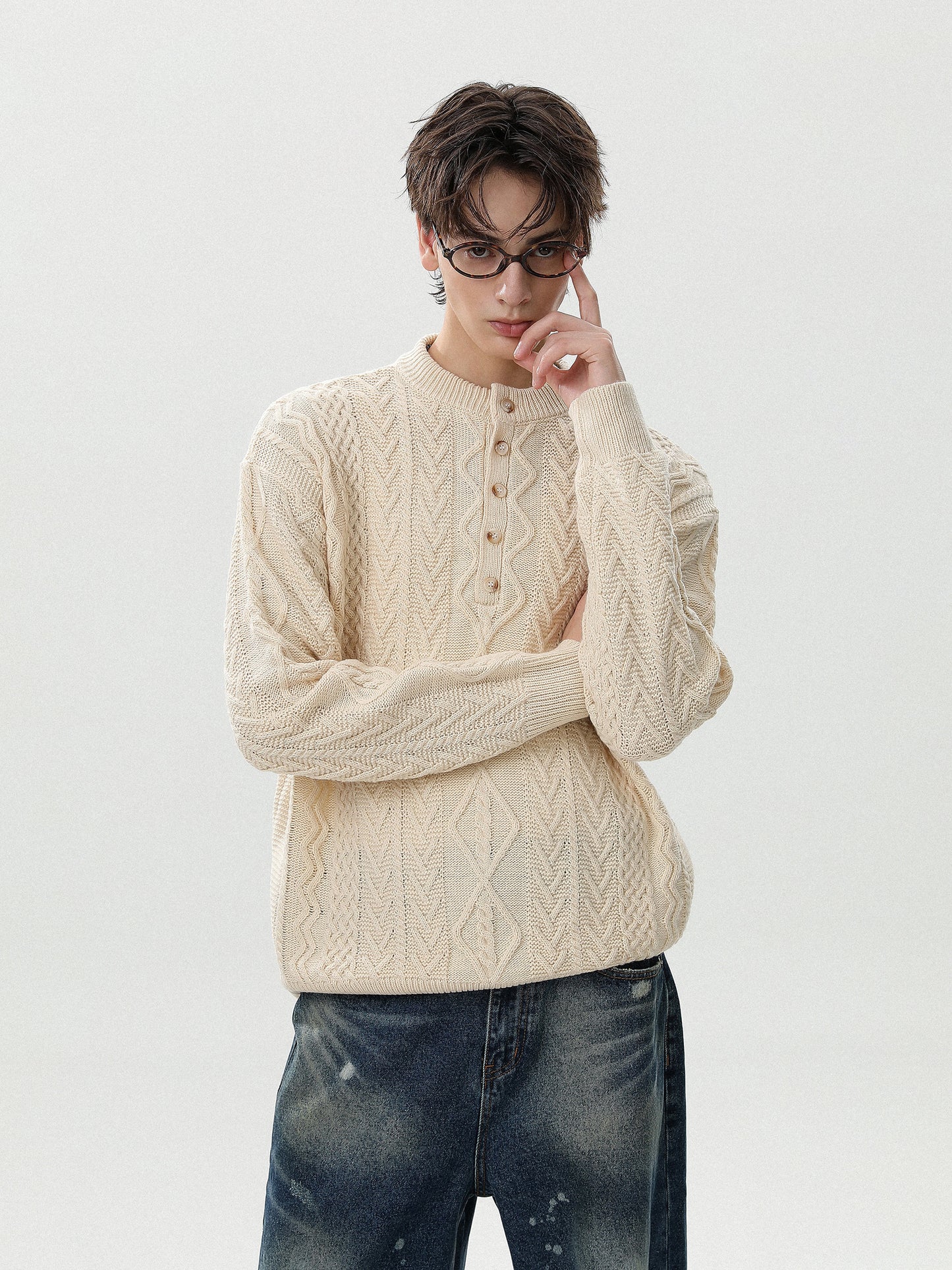 Henley Cable Knit Sweater (2color)