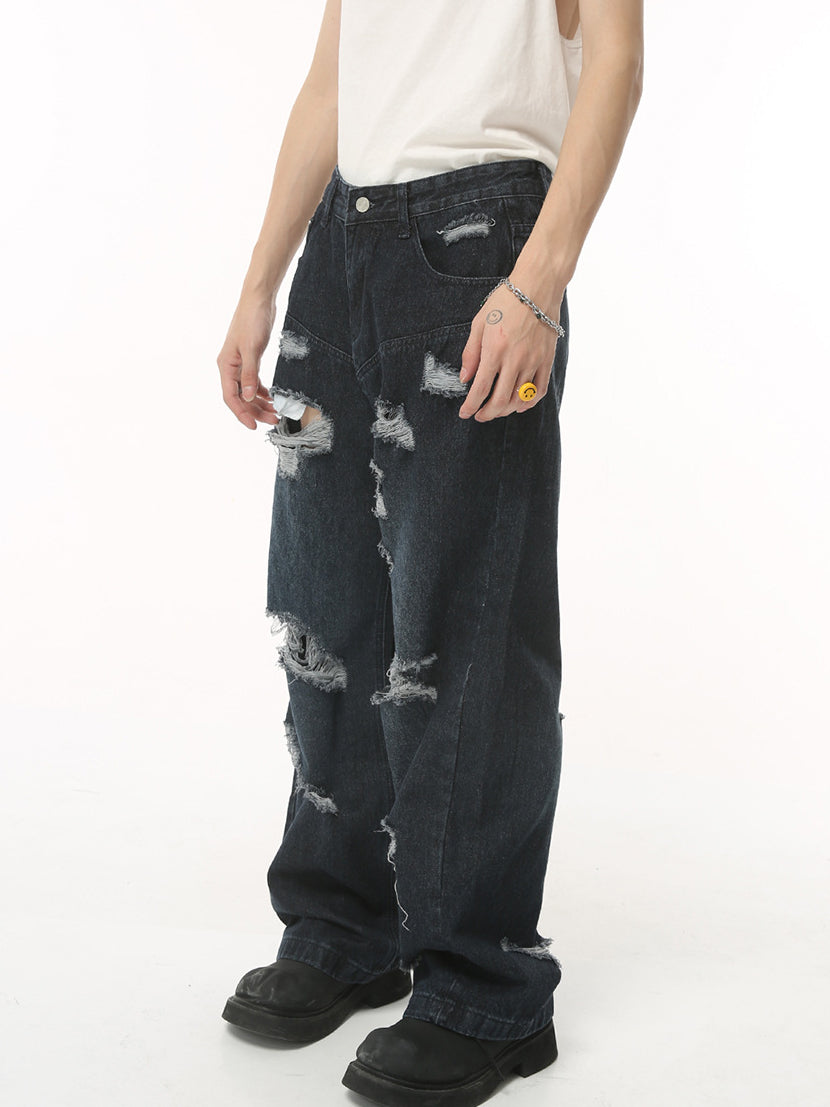 DESTROYED BLACK WIDE DENIM