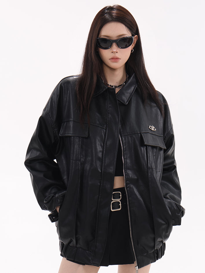 Metal Buckle Leather Jacket (2color)