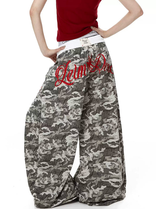 Layered Waist Embroidered Camo Sweat Pants