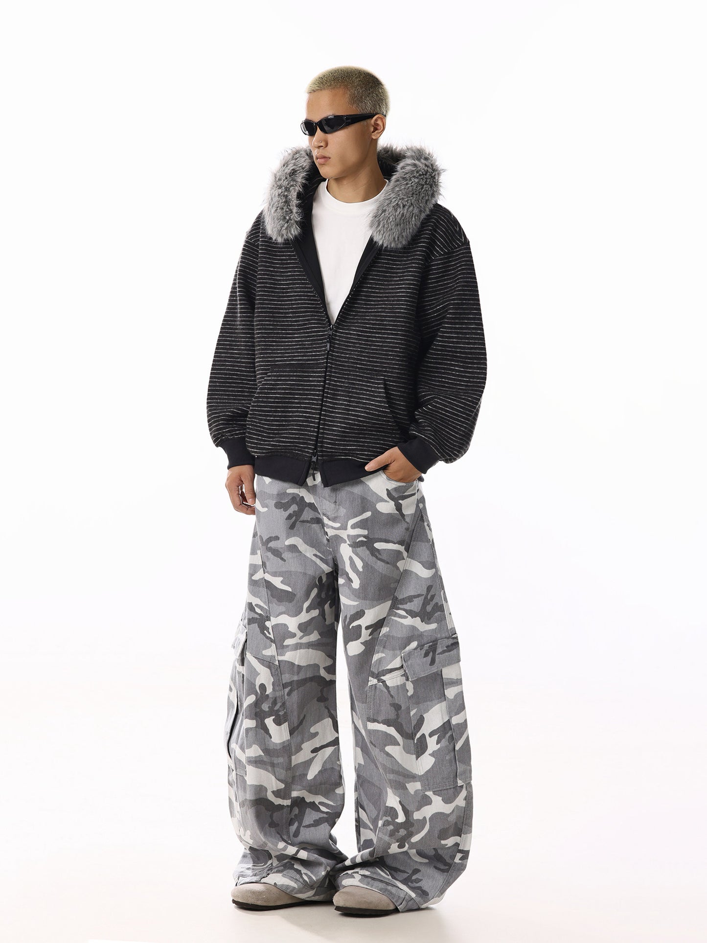 Striped Fur Hood Hoodie