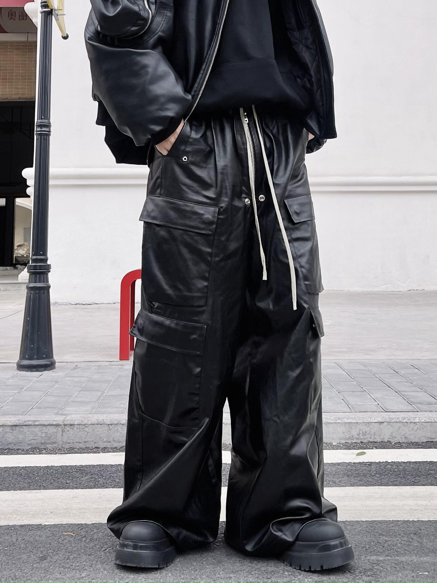 Drawstring Leather Cargo Pants