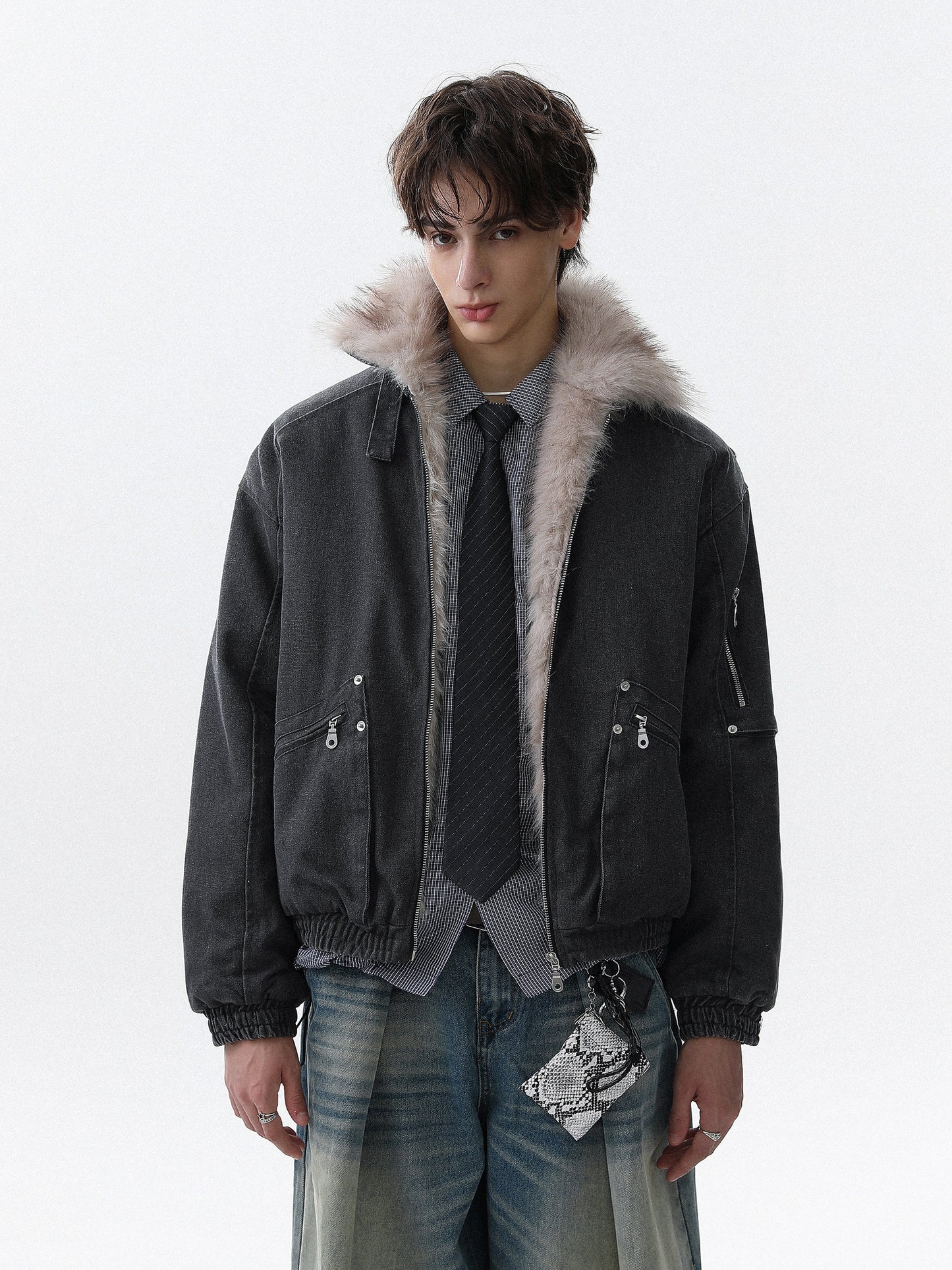 Military Bomber Jacket with Faux Fur Collar (2color)