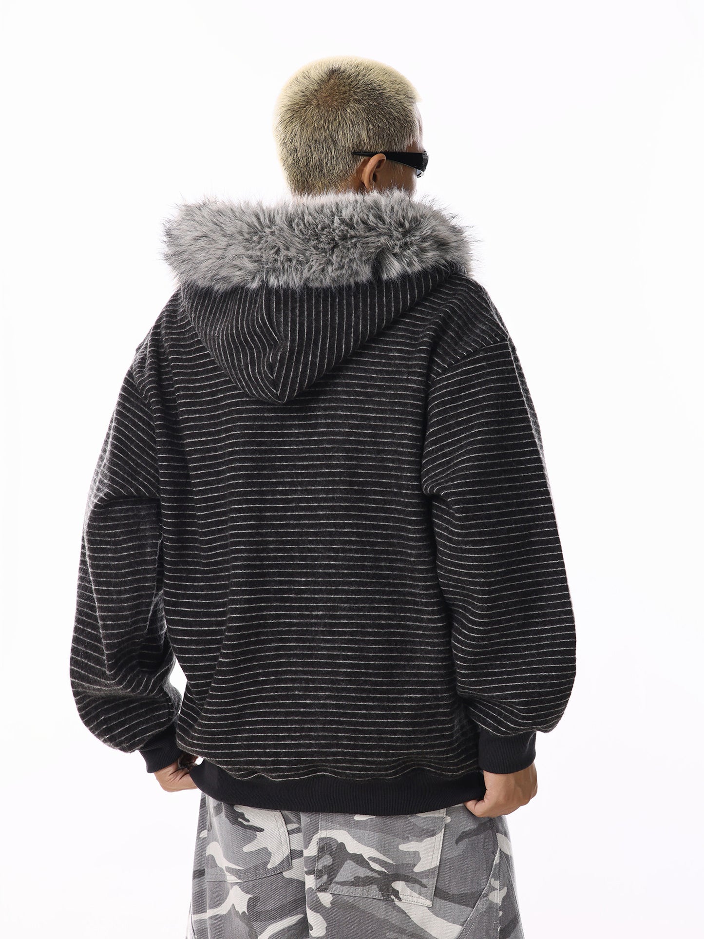 Striped Fur Hood Hoodie