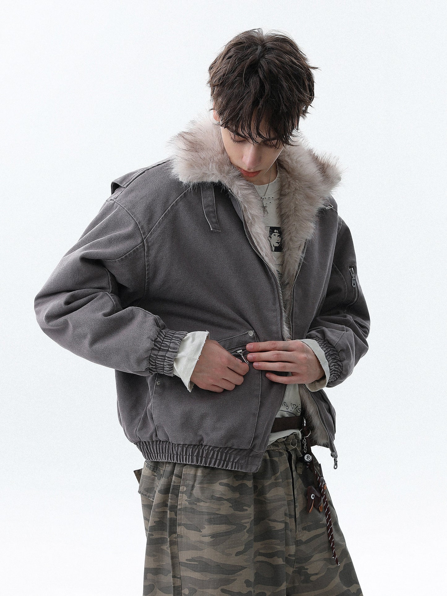 Military Bomber Jacket with Faux Fur Collar (2color)