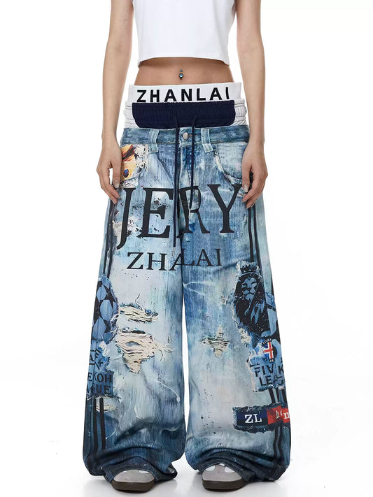 Graphic Layered Baggy Jeans